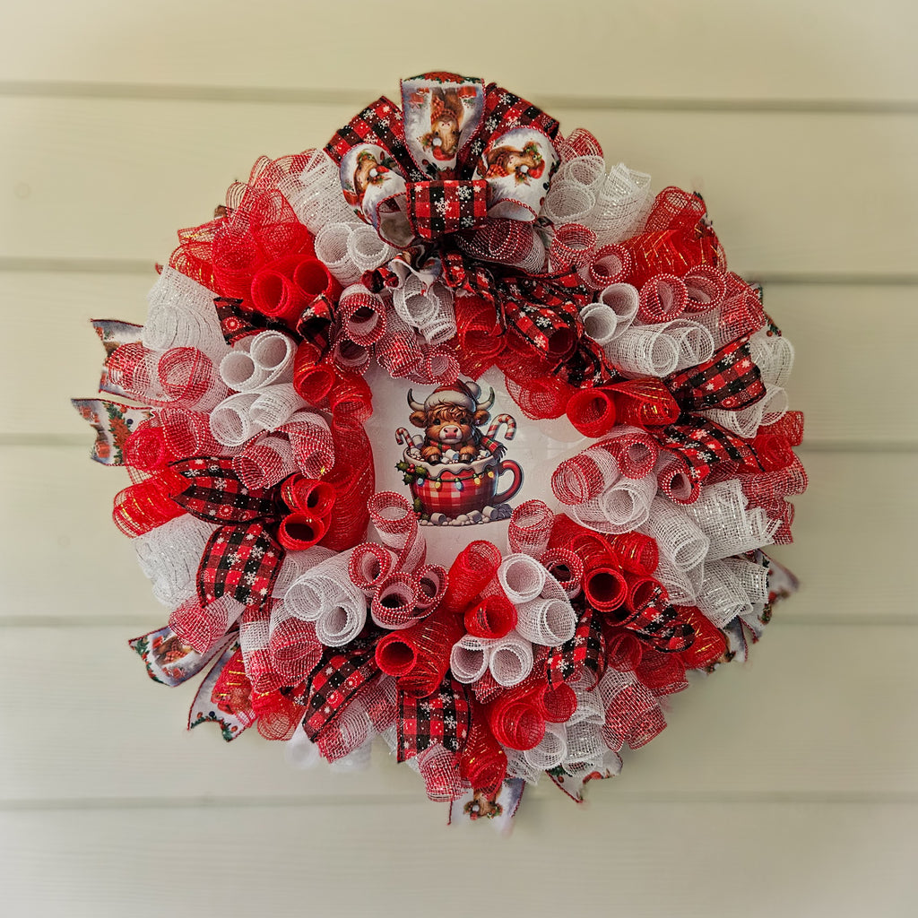 Christmas door wreath plaid highland cow