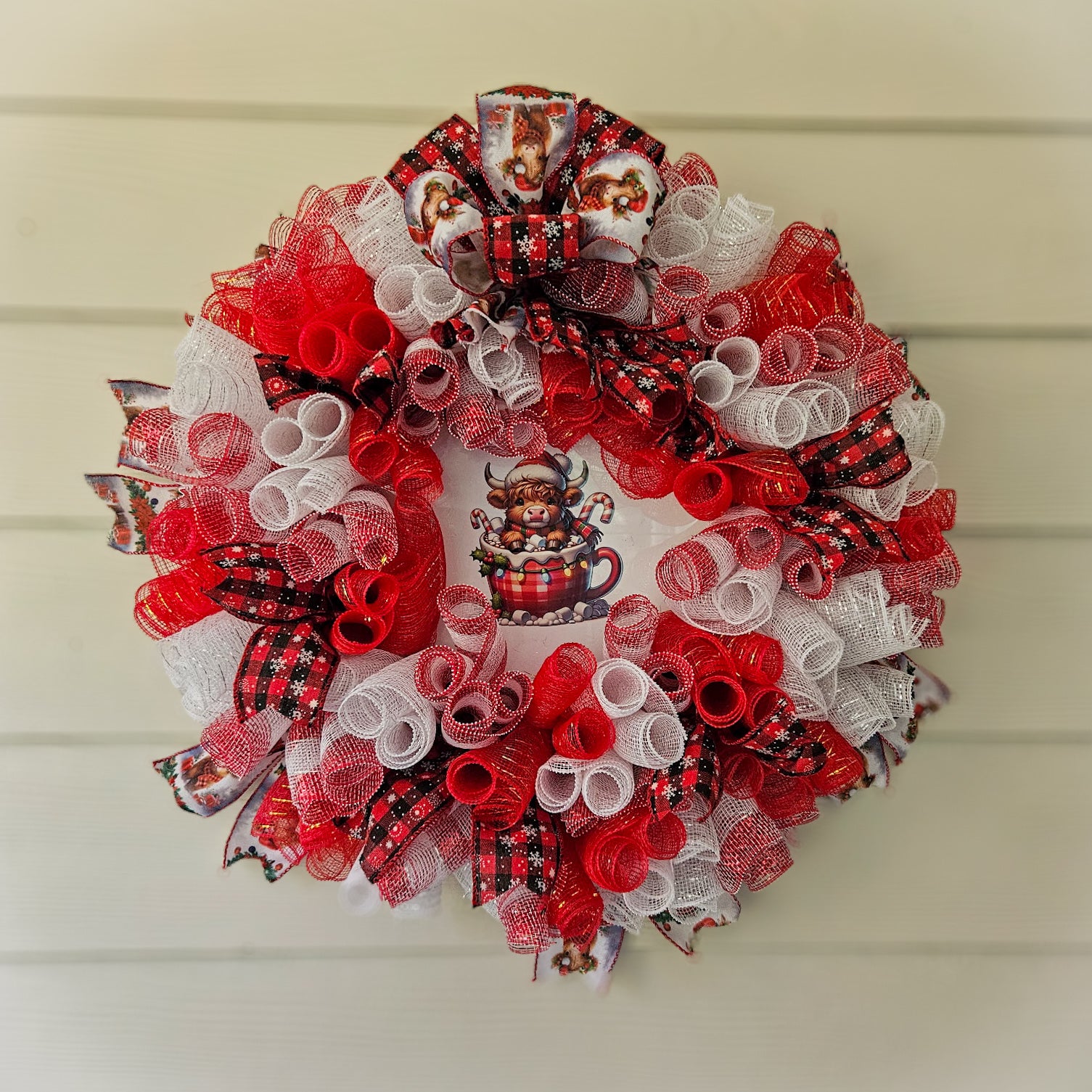Christmas door wreath plaid highland cow