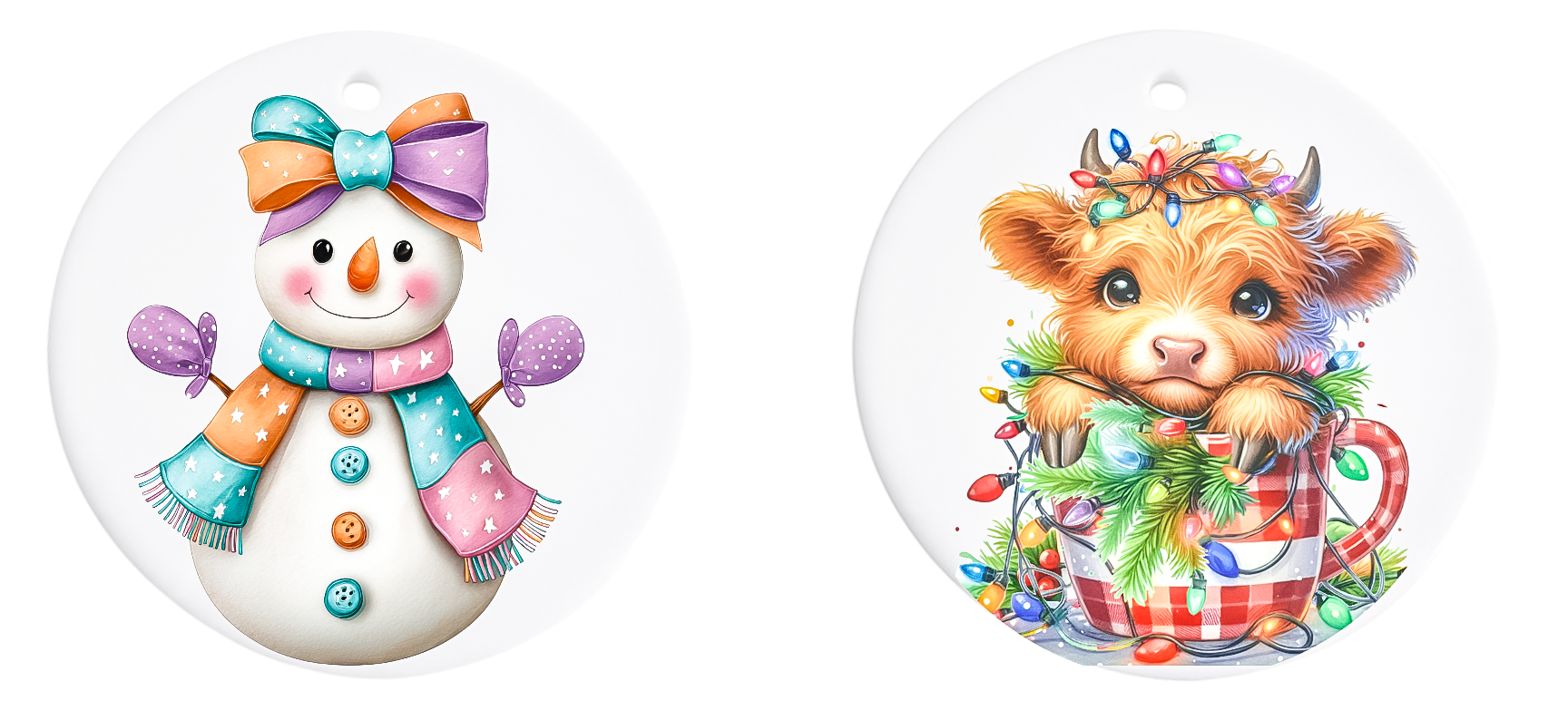 Two Christmas-themed ornaments featuring a snowman and a bear in a teacup with lights.
