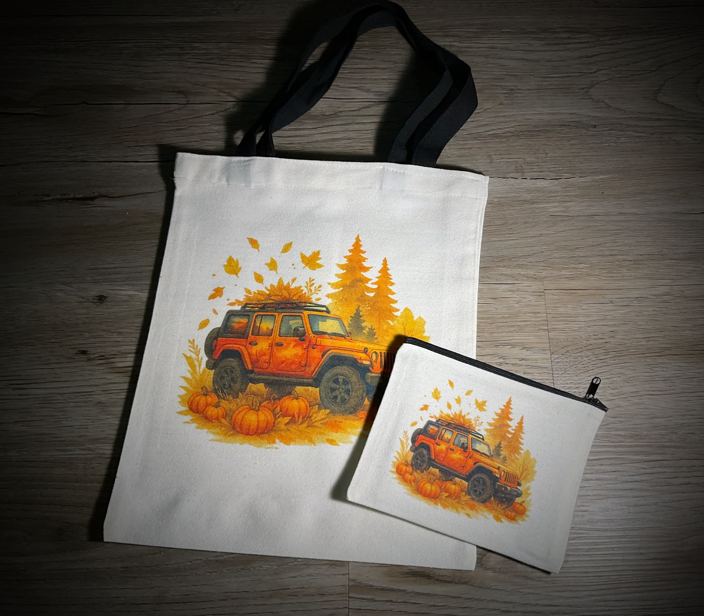 Fall Jeep Canvas Tote Bag w/Matching Makeup Bag